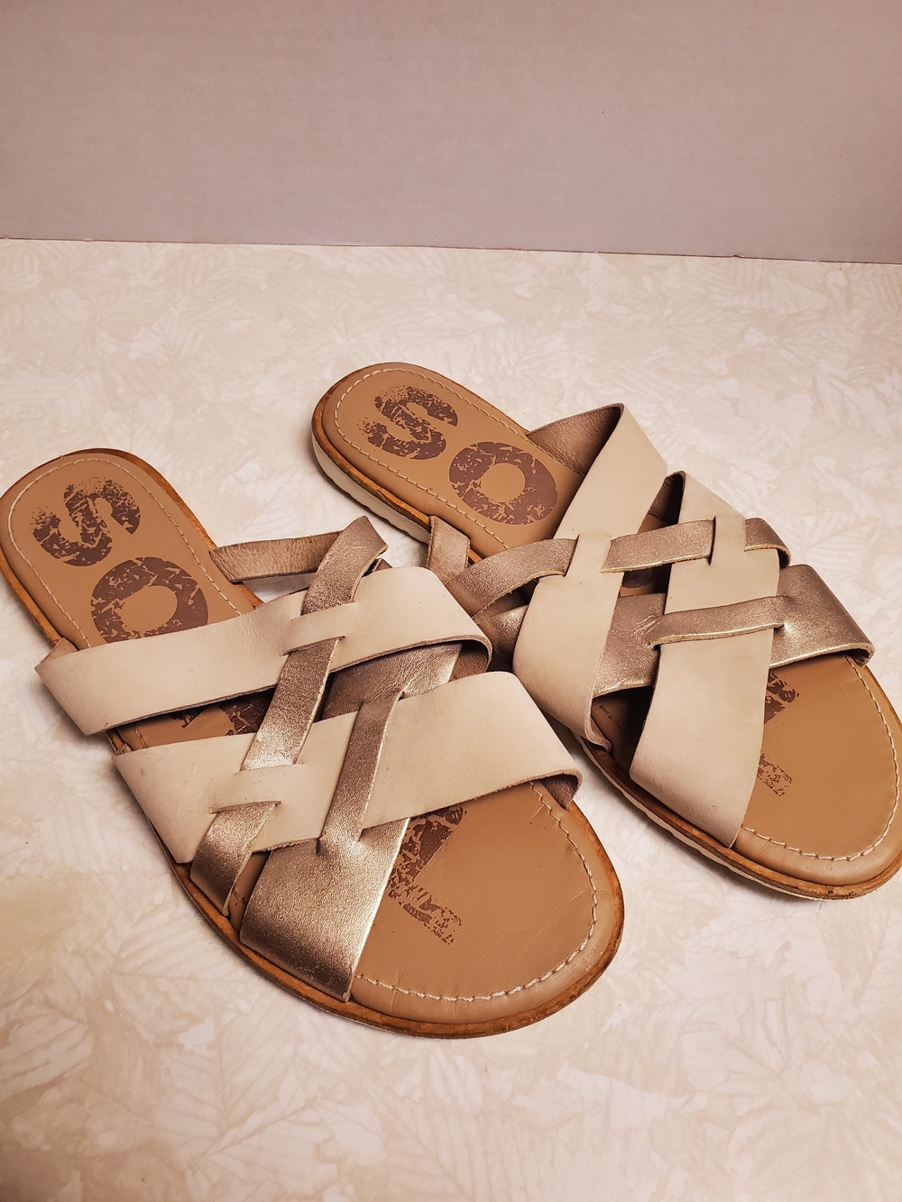 Sorel Beige and Metallic Gold Woven Slide Sandals